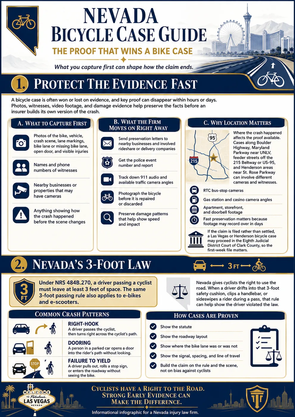 Nevada bicycle case guide. Protect the evidence fast: capture photos of the bike, vehicle, crash scene, lane markings, bike lane, open door, and visible injuries; get names and phone numbers of witnesses; note nearby businesses or properties that may have cameras. The firm sends preservation letters to nearby businesses and involved rideshare or delivery companies, gets the police event number and report, tracks down 911 audio and available traffic camera angles, and photographs the bicycle before it is repaired or discarded. Where the crash happened affects the proof available, because cases along Boulder Highway, Maryland Parkway near UNLV, feeder streets off the 215 Beltway and US-95, and Henderson areas near St. Rose Parkway can involve different cameras and witnesses. Nevada's three-foot law: under NRS 484B.270 a driver passing a cyclist must leave at least three feet of space, and the same three-foot passing rule also applies to e-bikes and e-scooters. Common crash patterns are the right hook, dooring, and failure to yield.