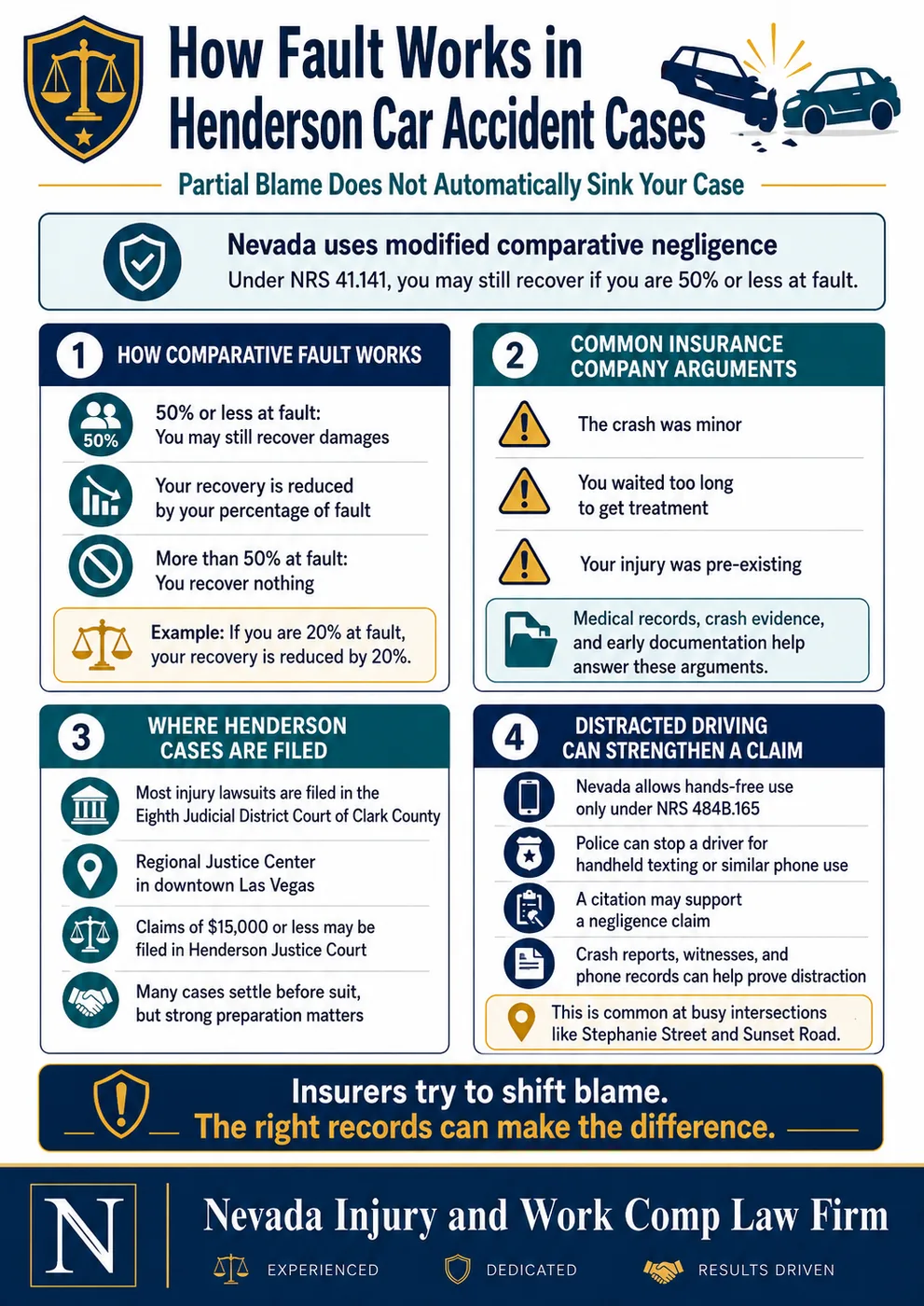 How fault works in Henderson car accident cases, and why partial blame does not automatically sink your case. Nevada uses modified comparative negligence, and under NRS 41.141 you may still recover if you are 50 percent or less at fault. How comparative fault works: at 50 percent or less at fault you may still recover damages, your recovery is reduced by your percentage of fault, and at more than 50 percent at fault you recover nothing, so for example if you are 20 percent at fault your recovery is reduced by 20 percent. Common insurance company arguments are that the crash was minor, that you waited too long to get treatment, and that your injury was pre-existing, and medical records, crash evidence, and early documentation help answer those arguments. Where Henderson cases are filed: most injury lawsuits are filed in the Eighth Judicial District Court of Clark County at the Regional Justice Center in downtown Las Vegas, while claims of 15,000 dollars or less may be filed in Henderson Justice Court, and many cases settle before suit though strong preparation matters. Distracted driving can strengthen a claim, because Nevada allows hands-free use only under NRS 484B.165, police can stop a driver for handheld texting or similar phone use, a citation may support a negligence claim, and crash reports, witnesses, and phone records can help prove distraction.