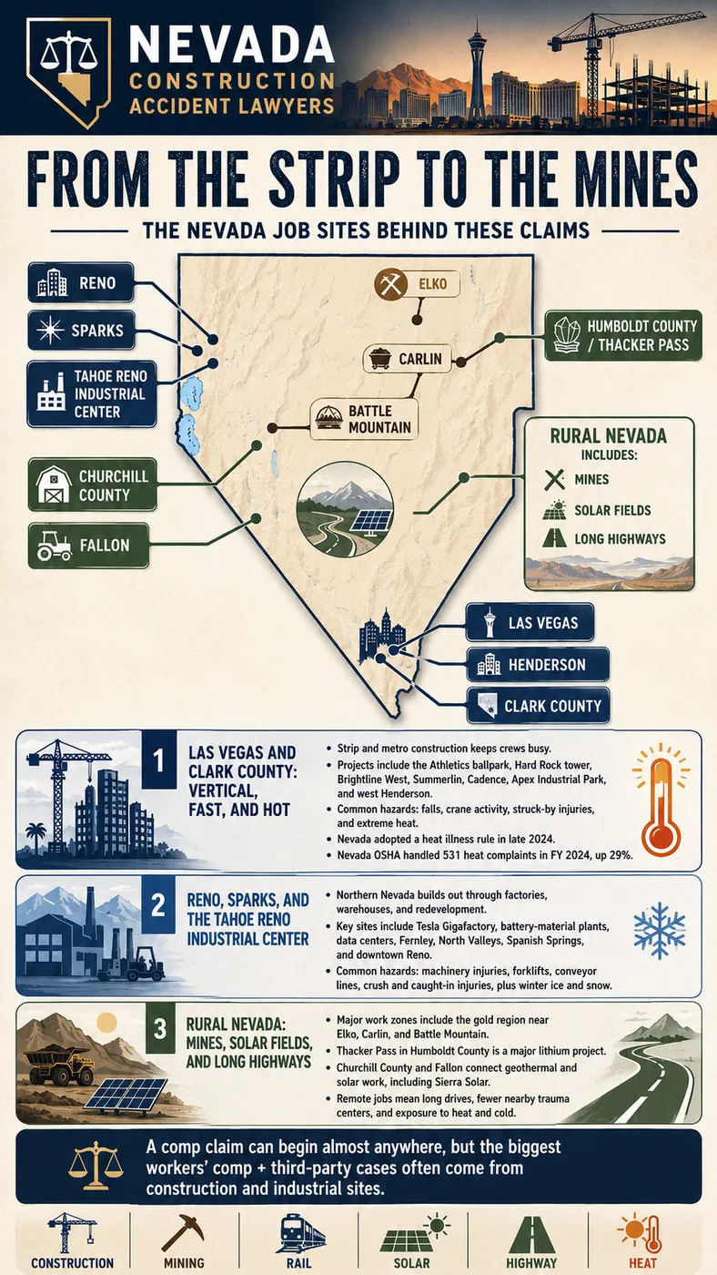 Nevada job sites behind construction accident claims, from the Strip to the mines. Southern Nevada: Las Vegas and Clark County construction is vertical, fast, and hot, with projects including the Athletics ballpark, Hard Rock tower, Brightline West, Summerlin, Cadence, Apex Industrial Park, and west Henderson; common hazards are falls, crane activity, struck-by injuries, and extreme heat, and Nevada adopted a heat illness rule in late 2024. Northern Nevada: Reno, Sparks, and the Tahoe Reno Industrial Center build out through factories, warehouses, and redevelopment, with key sites including the Tesla Gigafactory, battery-material plants, data centers, Fernley, North Valleys, Spanish Springs, and downtown Reno; common hazards are machinery injuries, forklifts, conveyor lines, crush and caught-in injuries, plus winter ice and snow. Rural Nevada: mines, solar fields, and long highways, with major work zones in the gold region near Elko, Carlin, and Battle Mountain, the Thacker Pass lithium project in Humboldt County, and geothermal and solar work connecting Churchill County and Fallon; remote jobs mean long drives, fewer nearby trauma centers, and exposure to heat and cold. A comp claim can begin almost anywhere, but the biggest workers' comp and third-party cases often come from construction and industrial sites.