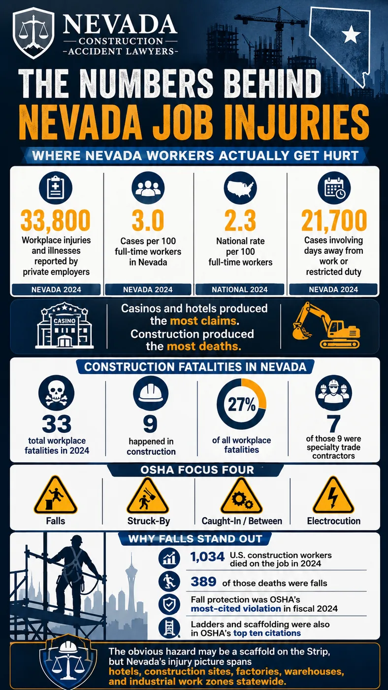 The numbers behind Nevada job injuries. Where Nevada workers get hurt: 33,800 workplace injuries and illnesses reported by private employers in Nevada in 2024; 3.0 cases per 100 full-time workers in Nevada against a national rate of 2.3 per 100; and 21,700 cases involving days away from work or restricted duty. Casinos and hotels produced the most claims, while construction produced the most deaths. Construction fatalities in Nevada: 33 total workplace fatalities in 2024, 9 of them in construction, making up 27 percent of all workplace fatalities, and 7 of those 9 were specialty trade contractors. OSHA's Focus Four hazards are falls, struck-by, caught-in or between, and electrocution. Why falls stand out: 1,034 United States construction workers died on the job in 2024 and 389 of those deaths were falls; fall protection was OSHA's most-cited violation in fiscal 2024, and ladders and scaffolding were also in OSHA's top ten citations. The obvious hazard may be a scaffold on the Strip, but Nevada's injury picture spans hotels, construction sites, factories, warehouses, and industrial work zones statewide.