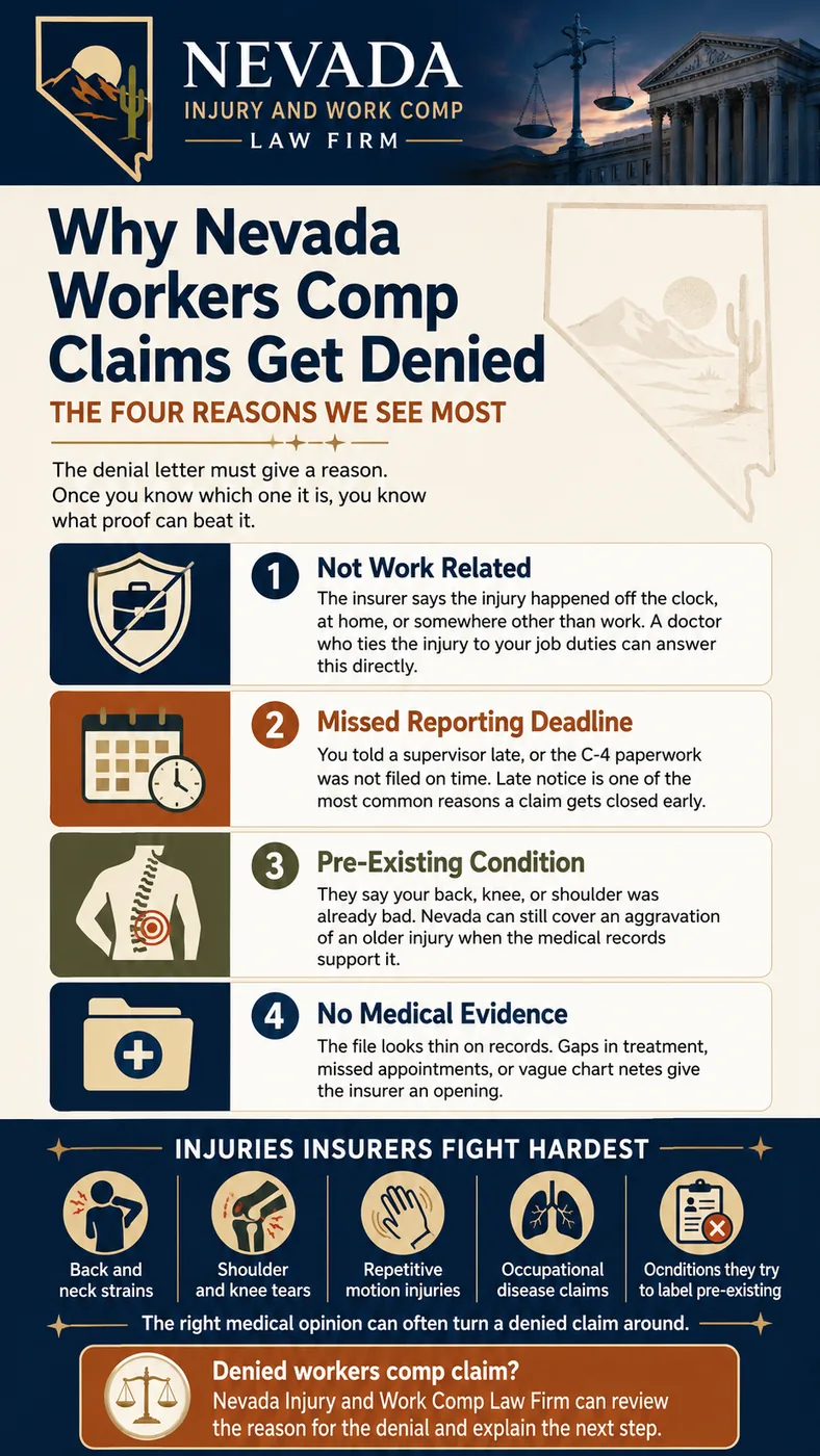 Why Nevada workers' comp claims get denied, and the four reasons seen most. The denial letter must give a reason, and once you know which one it is you know what proof can beat it. One, not work related: the insurer says the injury happened off the clock, at home, or somewhere other than work, and a doctor who ties the injury to your job duties can answer this directly. Two, missed reporting deadline: you told a supervisor late, or the C-4 paperwork was not filed on time, and late notice is one of the most common reasons a claim gets closed early. Three, pre-existing condition: they say your back, knee, or shoulder was already bad, though Nevada can still cover an aggravation of an older injury when the medical records support it. Four, no medical evidence: the file looks thin on records, and gaps in treatment, missed appointments, or vague chart notes give the insurer an opening. Injuries insurers fight hardest are back and neck strains, shoulder and knee tears, repetitive motion injuries, occupational disease claims, and conditions they try to label pre-existing. The right medical opinion can often turn a denied claim around.