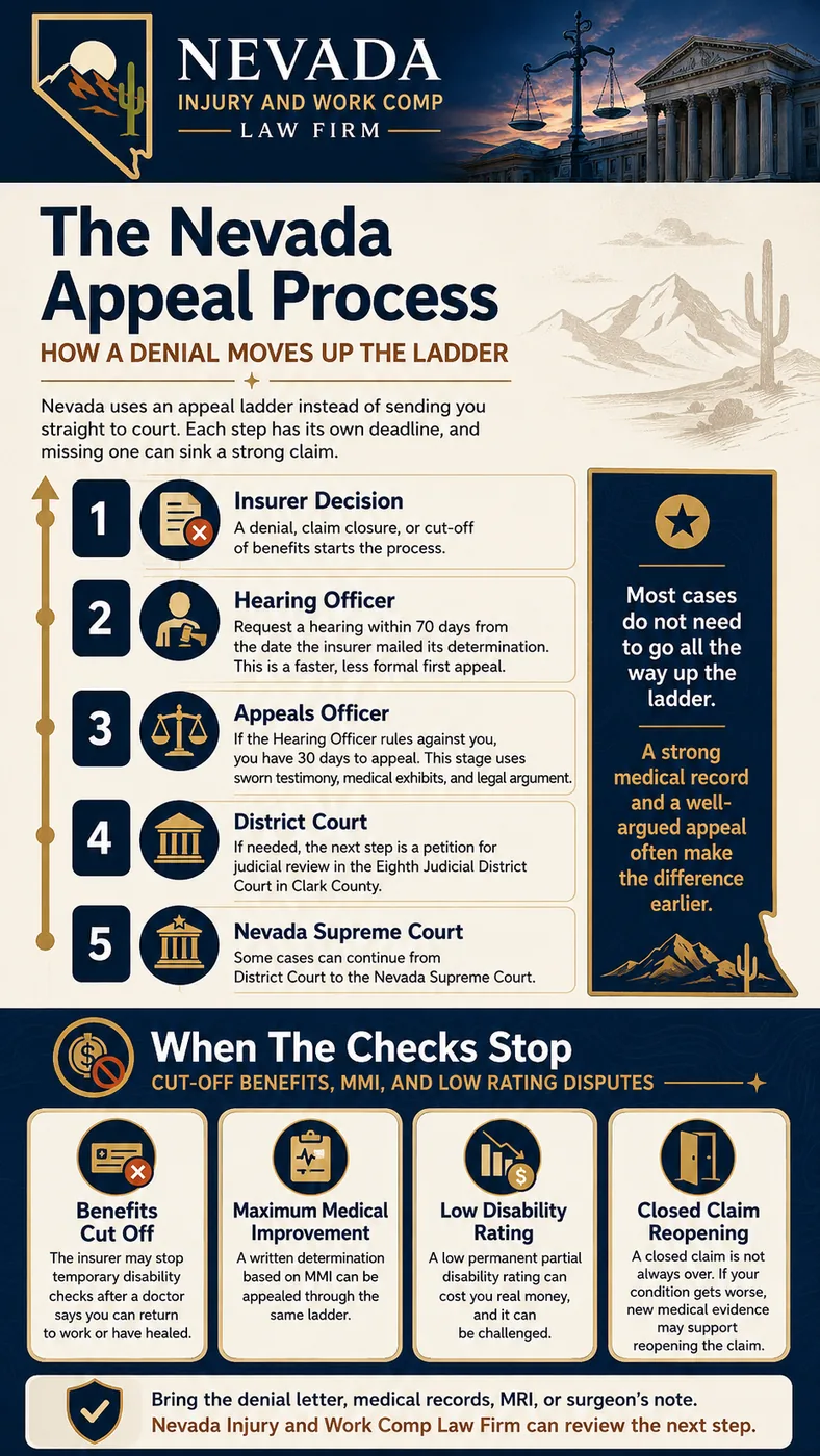 The Nevada workers' compensation appeal process, and how a denial moves up the ladder. Nevada uses an appeal ladder instead of sending you straight to court, and each step has its own deadline that can sink a strong claim if missed. Step one, the insurer decision: a denial, claim closure, or cut-off of benefits starts the process. Step two, the Hearing Officer: request a hearing within 70 days from the date the insurer mailed its determination, a faster and less formal first appeal. Step three, the Appeals Officer: if the Hearing Officer rules against you, you have 30 days to appeal, and this stage uses sworn testimony, medical exhibits, and legal argument. Step four, District Court: if needed, the next step is a petition for judicial review in the Eighth Judicial District Court in Clark County. Step five, the Nevada Supreme Court, where some cases can continue from District Court. Most cases do not need to go all the way up the ladder, and a strong medical record with a well-argued appeal often makes the difference earlier. When the checks stop: benefits cut off after a doctor says you can return to work or have healed; a maximum medical improvement determination that can be appealed through the same ladder; a low permanent partial disability rating that can be challenged; and a closed claim that new medical evidence may support reopening.