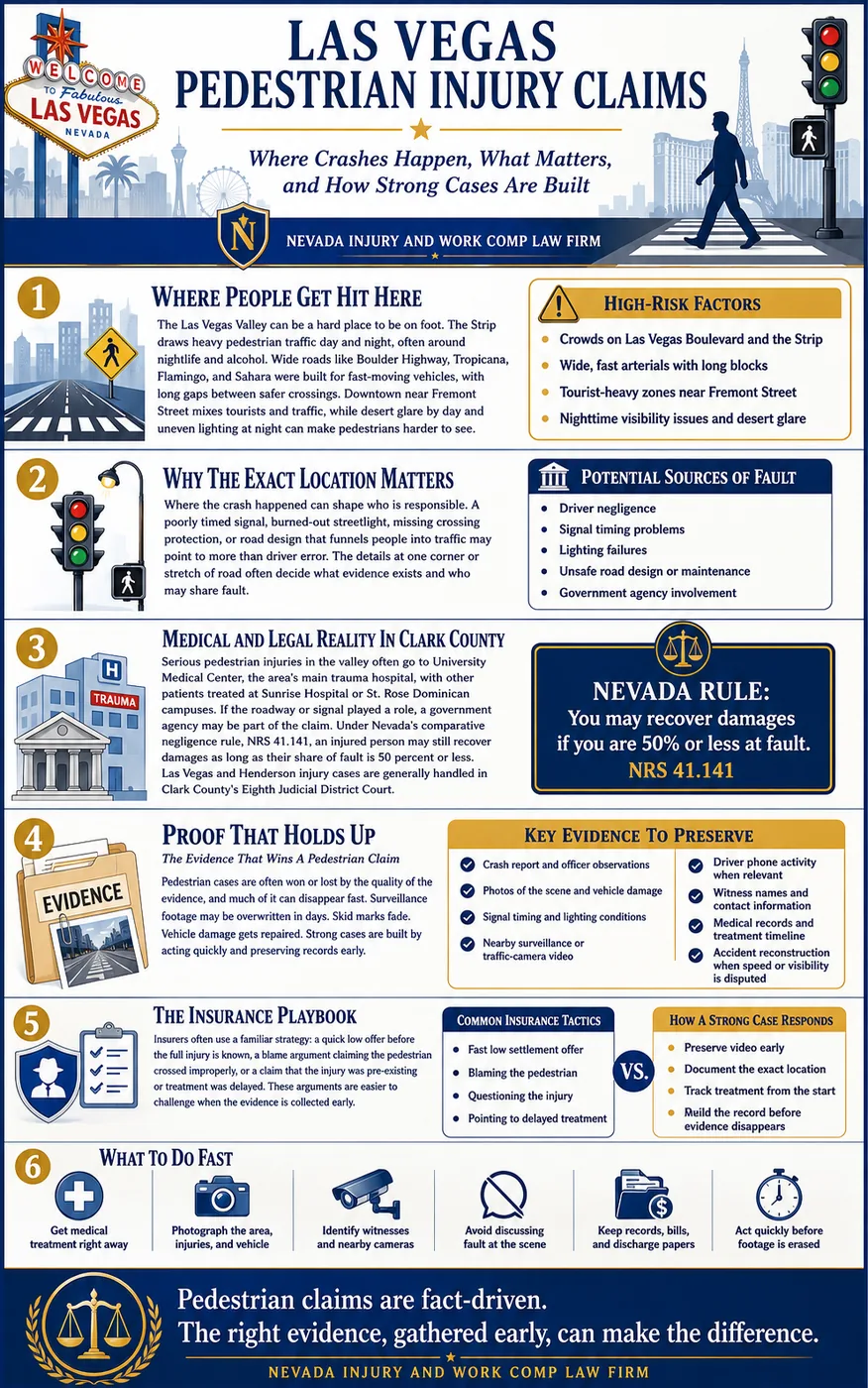 Las Vegas pedestrian injury claims. Where people get hit: the Strip draws heavy pedestrian traffic day and night, often around nightlife and alcohol; wide roads like Boulder Highway, Tropicana, Flamingo, and Sahara were built for fast-moving vehicles with long gaps between safer crossings; and downtown near Fremont Street mixes tourists and traffic, while desert glare by day and uneven lighting at night can make crossings harder to see. Why the exact location matters: a poorly timed signal, burned-out streetlight, missing crossing protection, or road design that funnels people into traffic may point to more than driver error, so potential sources of fault include driver negligence, signal timing problems, lighting failures, unsafe road design or maintenance, and government agency involvement. Serious pedestrian injuries in the valley often go to University Medical Center, with other patients treated at Sunrise Hospital or St. Rose Dominican. Under Nevada's comparative negligence rule, NRS 41.141, an injured person may still recover damages as long as their share of fault is 50 percent or less, and Las Vegas and Henderson injury cases are generally handled in Clark County's Eighth Judicial District Court. Key evidence to preserve includes the crash report and officer observations, photos of the scene and vehicle damage, signal timing and lighting conditions, nearby surveillance or traffic-camera video, driver phone activity, witness names and contact information, and the medical records and treatment timeline.