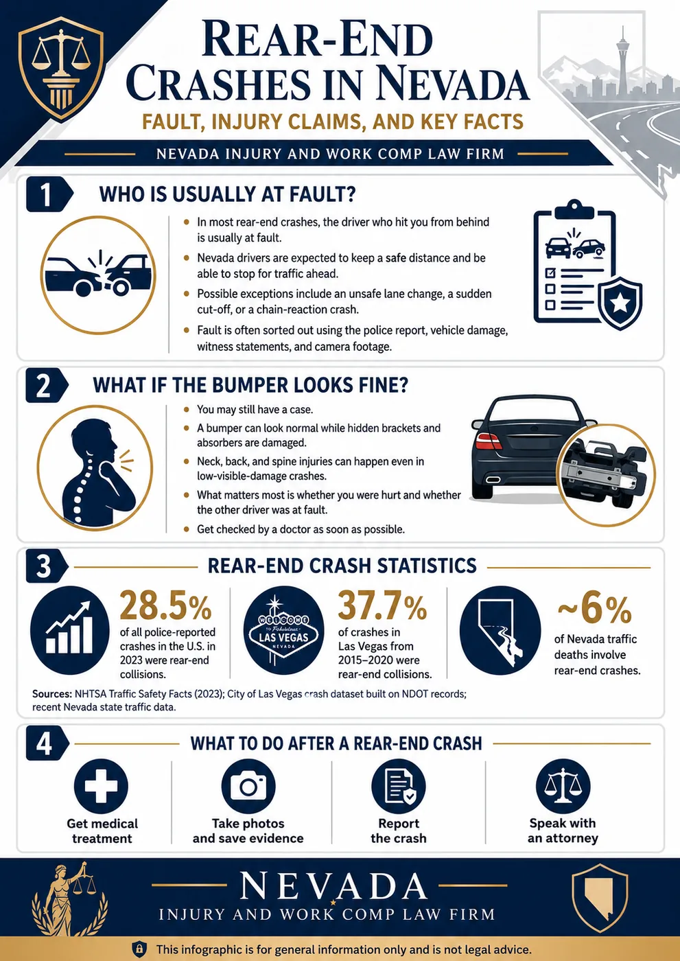 Rear-end crashes in Nevada. Who is usually at fault: in most rear-end crashes the driver who hit you from behind is usually at fault, because Nevada drivers are expected to keep a safe distance and be able to stop for traffic ahead. Possible exceptions include an unsafe lane change, a sudden cut-off, or a chain-reaction crash, and fault is often sorted out using the police report, vehicle damage, witness statements, and camera footage. What if the bumper looks fine: you may still have a case, because a bumper can look normal while hidden brackets and absorbers are damaged, and neck, back, and spine injuries can happen even in low-visible-damage crashes. What matters most is whether you were hurt and whether the other driver was at fault, so get checked by a doctor as soon as possible. Rear-end crash statistics: 28.5 percent of all police-reported crashes in the United States in 2023 were rear-end collisions, 37.7 percent of crashes in Las Vegas from 2015 to 2020 were rear-end collisions, and about 6 percent of Nevada traffic deaths involve rear-end crashes, with sources given as NHTSA Traffic Safety Facts 2023, a City of Las Vegas crash dataset built on NDOT records, and recent Nevada state traffic data. What to do after a rear-end crash: get medical treatment, take photos and save evidence, report the crash, and speak with an attorney.