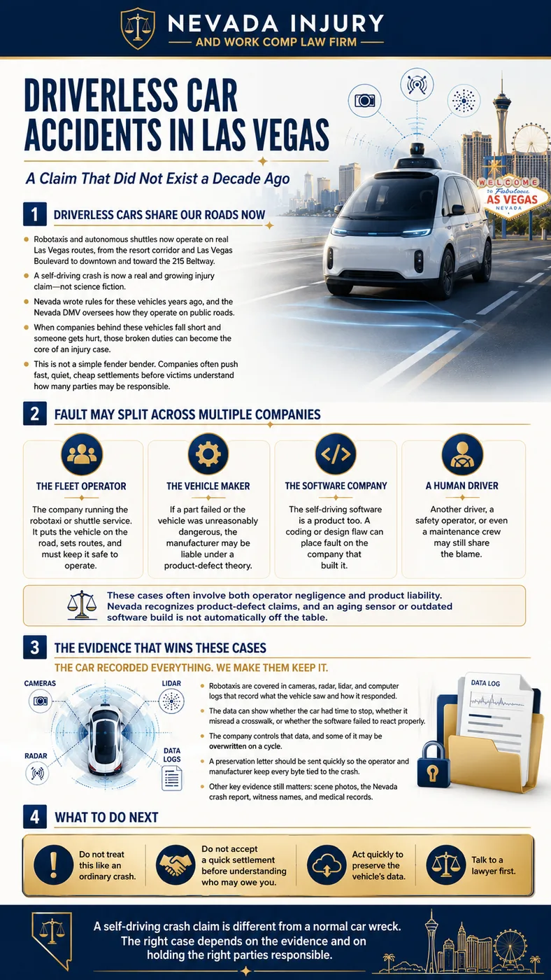Driverless car accidents in Las Vegas, a claim that did not exist a decade ago. Robotaxis and autonomous shuttles now operate on real Las Vegas routes, from the resort corridor and Las Vegas Boulevard to downtown and toward the 215 Beltway, Nevada wrote rules for these vehicles years ago, and the Nevada DMV oversees how they operate on public roads. Fault may split across multiple companies: the fleet operator running the robotaxi or shuttle service puts the vehicle on the road, sets routes, and must keep it safe to operate; the vehicle maker may be liable under a product-defect theory if a part failed or the vehicle was unreasonably dangerous; the software company can carry fault because self-driving software is a product too and a coding or design flaw can place fault on the company that built it; and a human driver, safety operator, or maintenance crew may still share the blame. These cases often involve both operator negligence and product liability, and Nevada recognizes product-defect claims. The evidence that wins these cases: robotaxis are covered in cameras, radar, lidar, and computer logs that record what the vehicle saw and how it responded, and that data can show whether the car had time to stop, whether it misread a crosswalk, or whether the software failed to react properly. The company controls that data and some of it may be overwritten on a cycle, so a preservation letter should be sent quickly. What to do next: do not treat this like an ordinary crash, do not accept a quick settlement before understanding who may owe you, act quickly to preserve the vehicle's data, and talk to a lawyer first.