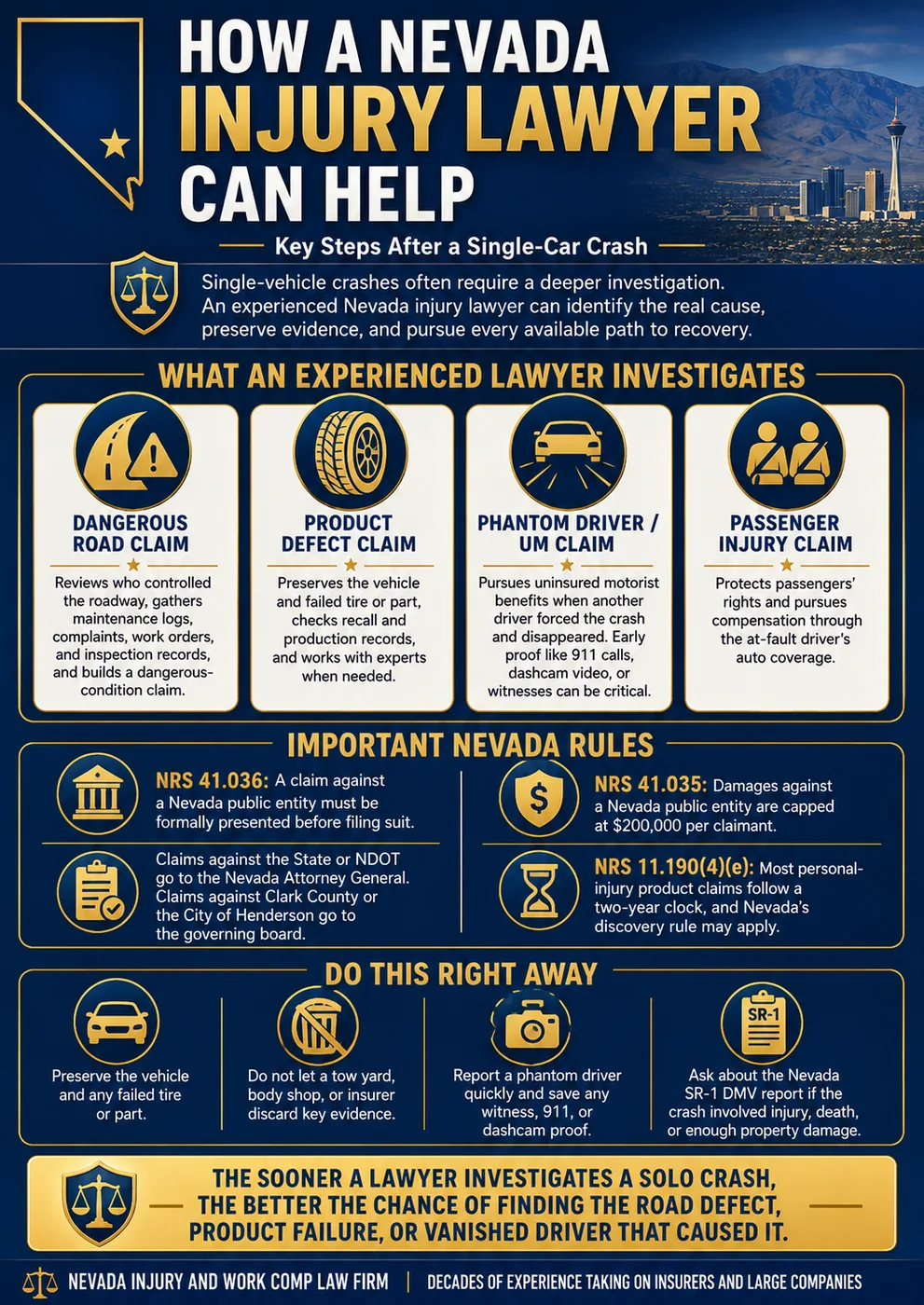 How a Nevada injury lawyer can help after a single-car crash. What an experienced lawyer investigates: a dangerous road claim reviews who controlled the roadway and gathers maintenance logs, complaints, work orders, and inspection records to build a dangerous-condition claim; a product defect claim preserves the vehicle and the failed tire or part, checks recall and production records, and works with experts when needed; a phantom driver or uninsured motorist claim pursues UM benefits when another driver forced the crash and disappeared, where early proof like 911 calls, dashcam video, or witnesses can be critical; and a passenger injury claim protects passengers' rights and pursues compensation through the at-fault driver's auto coverage. Important Nevada rules: under NRS 41.036 a claim against a Nevada public entity must be formally presented before filing suit, with claims against the State or NDOT going to the Nevada Attorney General and claims against Clark County or the City of Henderson going to the governing board; under NRS 41.035 damages against a Nevada public entity are capped at 200,000 dollars per claimant; and under NRS 11.190(4)(e) most personal injury and product claims follow a two-year clock, though Nevada's discovery rule may apply. Do this right away: preserve the vehicle and any failed tire or part, do not let a tow yard, body shop, or insurer discard key evidence, report a phantom driver quickly and save any witness, 911, or dashcam proof, and ask about the Nevada SR-1 DMV report if the crash involved injury, death, or enough property damage.