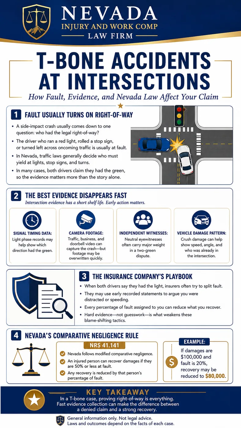 T-bone accidents at intersections in Nevada. Fault usually turns on right-of-way: a side-impact crash usually comes down to one question, who had the legal right-of-way, and the driver who ran a red light, rolled a stop sign, or turned left across oncoming traffic is usually at fault. In Nevada, traffic laws generally decide who must yield at lights, stop signs, and turns, and in many cases both drivers claim they had the green, so the evidence matters more than the story alone. The best evidence disappears fast: signal timing data and light phase records may help show which direction had the green; traffic, business, and doorbell camera footage can capture the crash but may be overwritten quickly; independent, neutral eyewitnesses often carry major weight in a two-green dispute; and vehicle damage and crush patterns can help show speed, angle, and who was already in the intersection. The insurance company's playbook: when both drivers say they had the light, insurers often try to split fault, and they may use early recorded statements to argue you were distracted or speeding, because every percentage of fault assigned to you can reduce what you recover. Nevada's comparative negligence rule, NRS 41.141: Nevada follows modified comparative negligence, an injured person can recover damages if they are 50 percent or less at fault, and any recovery is reduced by that person's percentage of fault, so if damages are 100,000 dollars and fault is 20 percent, recovery may be reduced to 80,000 dollars.