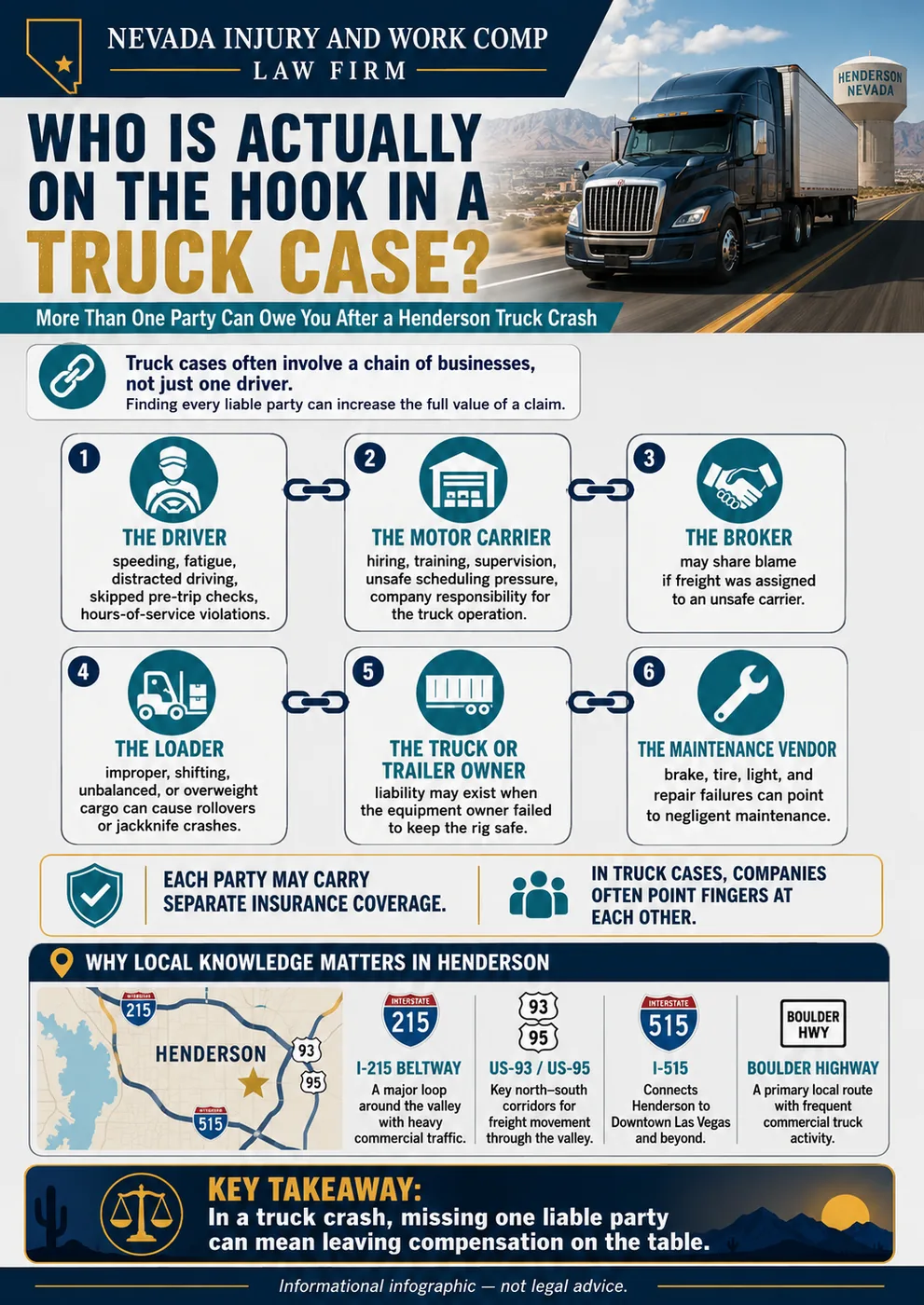 Who is actually on the hook in a Henderson truck case, because more than one party can owe you after a truck crash. Truck cases often involve a chain of businesses, not just one driver, and finding every liable party can increase the full value of a claim. The driver may be responsible for speeding, fatigue, distracted driving, skipped pre-trip checks, and hours-of-service violations. The motor carrier may be responsible for hiring, training, supervision, unsafe scheduling pressure, and company responsibility for the truck operation. The broker may share blame if freight was assigned to an unsafe carrier. The loader may be responsible when improper, shifting, unbalanced, or overweight cargo causes rollovers or jackknife crashes. The truck or trailer owner may be liable when the equipment owner failed to keep the rig safe. The maintenance vendor may be responsible for brake, tire, light, and repair failures that point to negligent maintenance. Each party may carry separate insurance coverage, and in truck cases companies often point fingers at each other. Local freight routes around Henderson include the I-215 Beltway, a major loop around the valley with heavy commercial traffic, US-93 and US-95 as key north-south corridors, I-515 connecting Henderson to downtown Las Vegas, and Boulder Highway as a primary local route with frequent commercial truck activity.