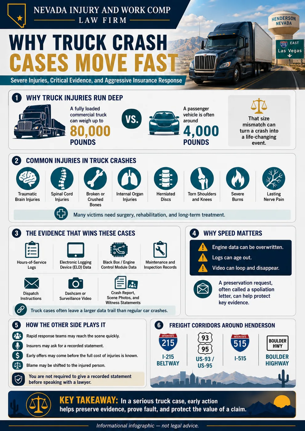 Why truck crash cases move fast, given severe injuries, critical evidence, and an aggressive insurance response. A fully loaded commercial truck can weigh up to 80,000 pounds while a passenger vehicle is often around 4,000 pounds, and that size mismatch can turn a crash into a life-changing event. Common injuries in truck crashes include traumatic brain injuries, spinal cord injuries, broken or crushed bones, internal organ injuries, herniated discs, torn shoulders and knees, severe burns, and lasting nerve pain, and many victims need surgery, rehabilitation, and long-term treatment. The evidence that wins these cases includes hours-of-service logs, electronic logging device data, black box and engine control module data, maintenance and inspection records, dispatch instructions, dashcam or surveillance video, and the crash report with scene photos and witness statements. Why speed matters: engine data can be overwritten, logs can age out, and video can loop and disappear, so a preservation request, often called a spoliation letter, can help protect key evidence. How the other side plays it: rapid response teams may reach the scene quickly, insurers may ask for a recorded statement, early offers may come before the full cost of injuries is known, and blame may be shifted to the injured person, but you are not required to give a recorded statement before speaking with a lawyer.
