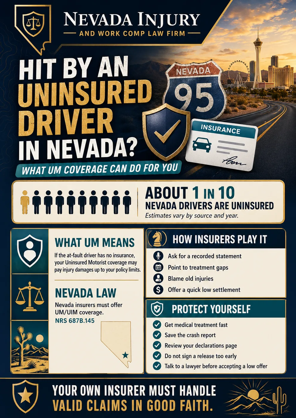 Hit by an uninsured driver in Nevada, and what uninsured motorist coverage can do for you. About 1 in 10 Nevada drivers are uninsured, though estimates vary by source and year. What UM means: if the at-fault driver has no insurance, your uninsured motorist coverage may pay injury damages up to your policy limits. Nevada law requires insurers to offer UM and UIM coverage under NRS 687B.145. How insurers play it: they may ask for a recorded statement, point to treatment gaps, blame old injuries, and offer a quick low settlement. Protect yourself: get medical treatment fast, save the crash report, review your declarations page, do not sign a release too early, and talk to a lawyer before accepting a low offer. Your own insurer must handle valid claims in good faith.