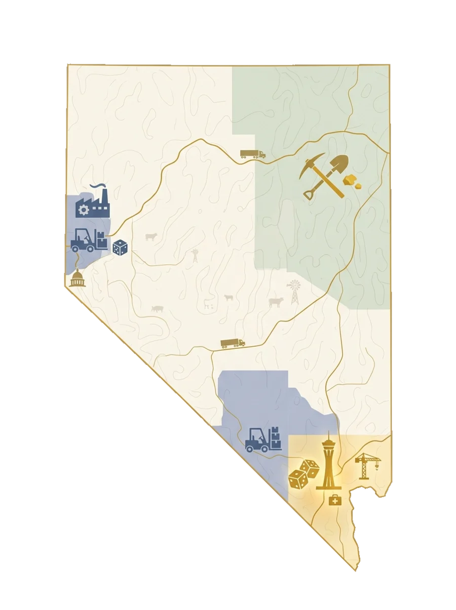 Illustrated map of Nevada showing where its major industries cluster, from the Las Vegas Strip to the Elko gold mines