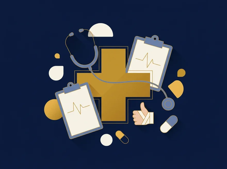 Illustration of a gold medical cross, stethoscope, and treatment clipboard