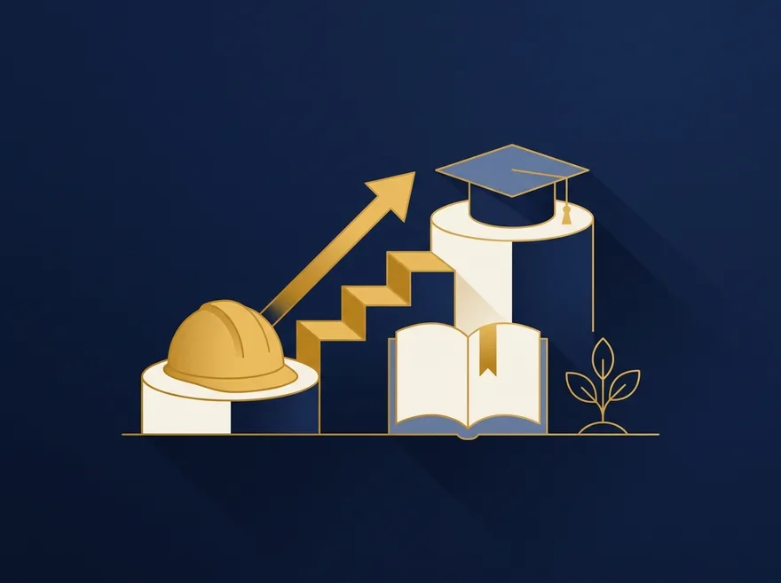 Illustration of a hard hat and graduation cap joined by a rising staircase