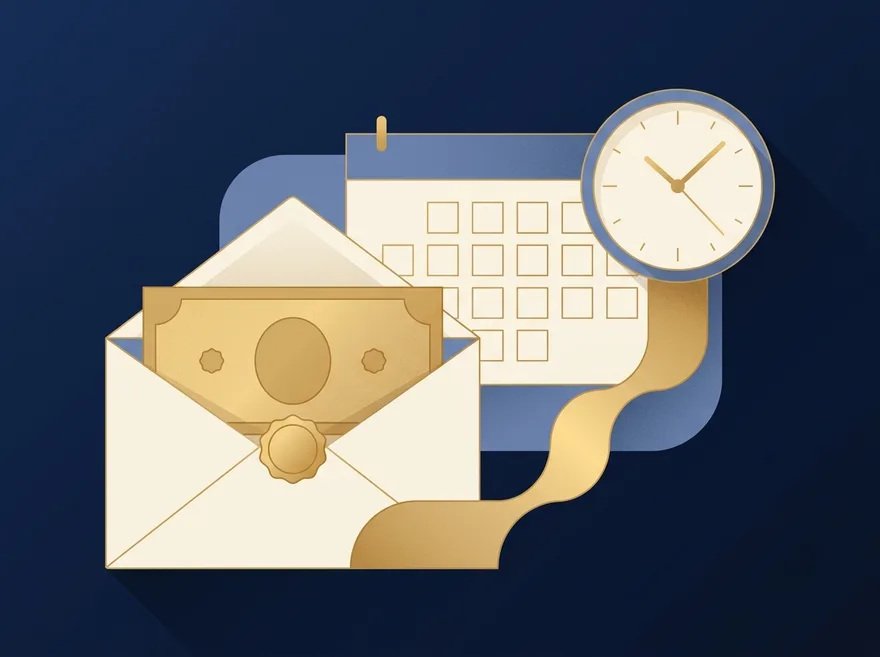 Illustration of a wage check arriving with a calendar and clock